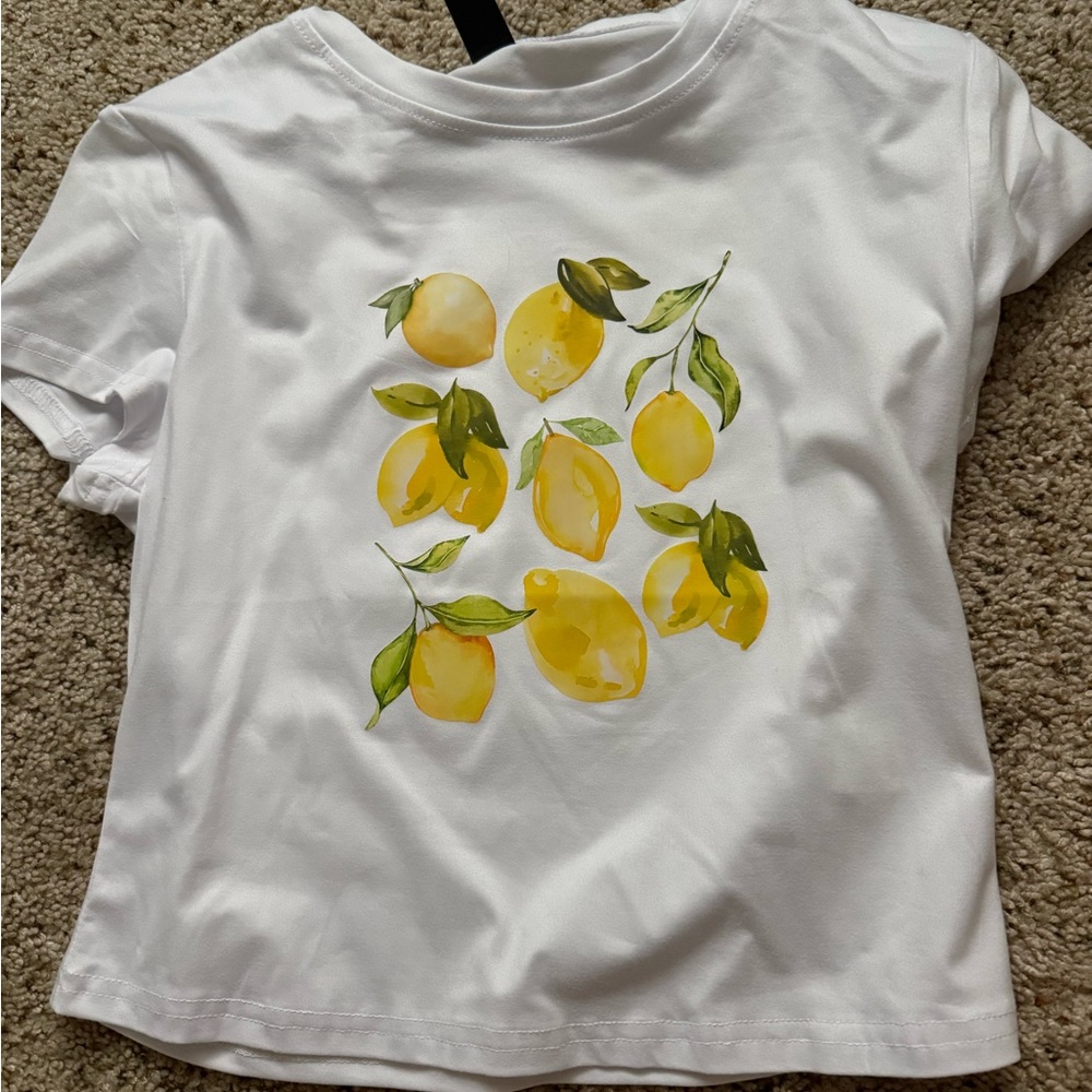 SHEIN White and Yellow Lemon Print Short Sleeve Tee